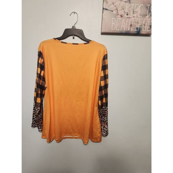 Orange Patchwork Halloween Print Long Sleeve Shirt Leopard Print 1x - Picture 3 of 3